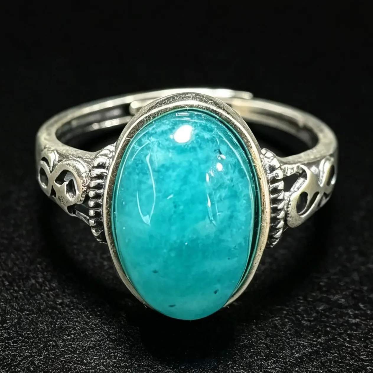Oval Natural Amazonite 925 Sterling Silver Infinity Hollow Filigree Milgrain Bezel Adjustable Ring