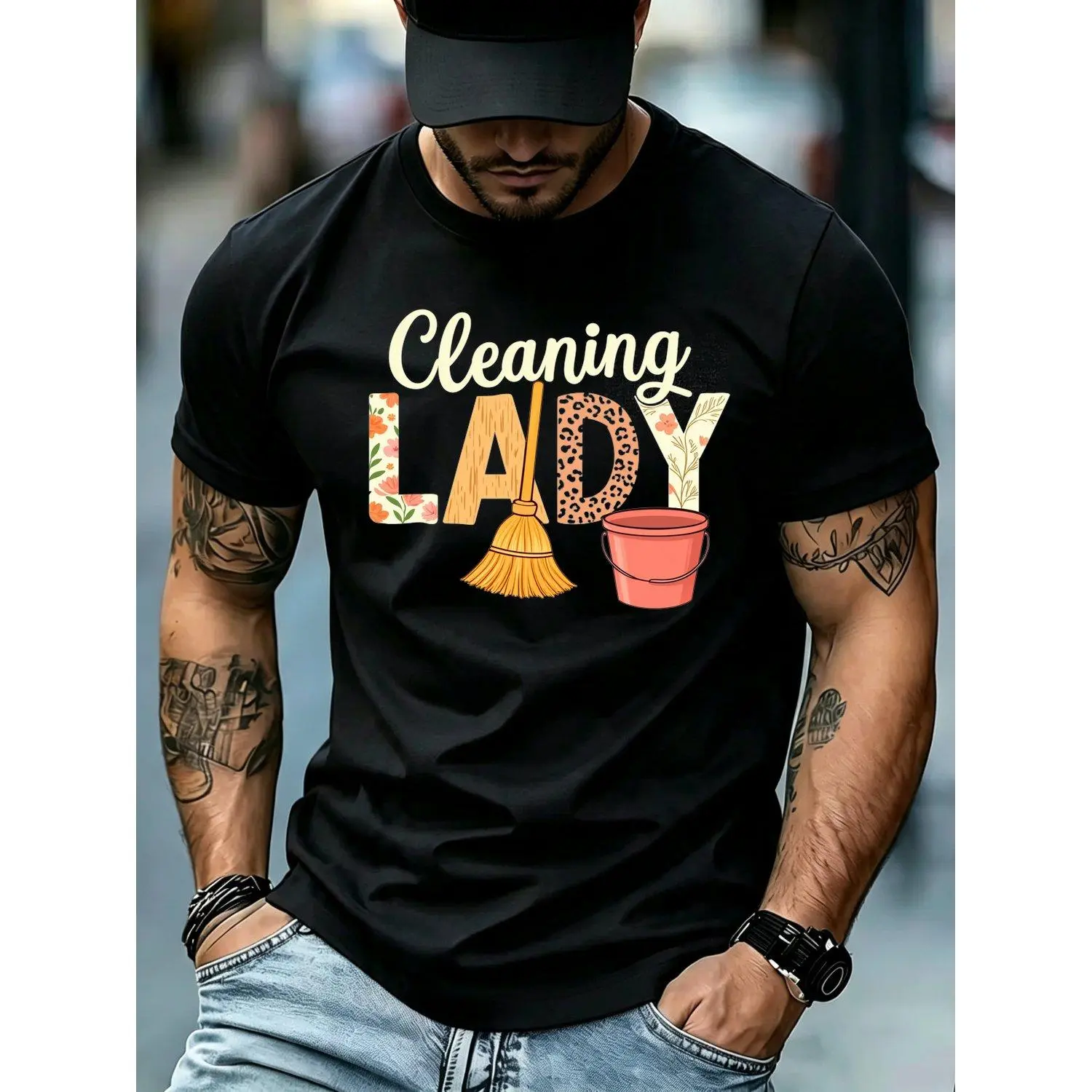 Black Printed Women's T shirts for Plus Size Sizes 0XL Ideal for Cleaning Enthusiasts and Housekeeping Services Loose Fit Short Sleeve Crew Neck Casual Top Perfect for Daily Use and Out2Retro Casual Short Sleeved with a Round Neck and Printed Pattern