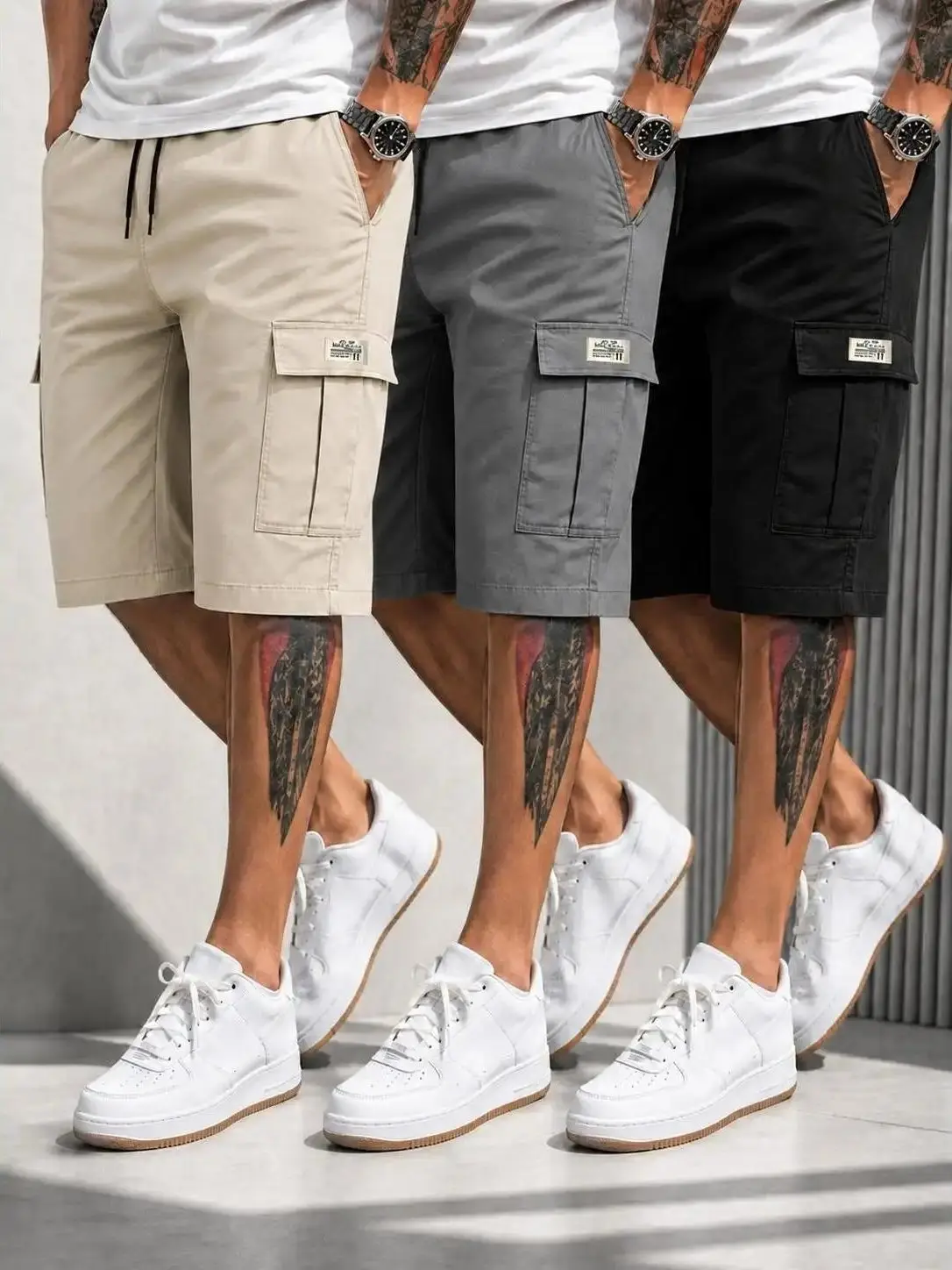 Men's Fitted Matching Shorts Set - Casual Summer Drawstring Color-Mixed Shorts, Lightweight Breathable, Slanted Multipocket, Versatile Everyday Beach Gym Wear Brown, Black, Green, Pink, Color-Mixed Men's Shorts, Fitted Men's Sh,regula,fa,,slim,cargo,pants