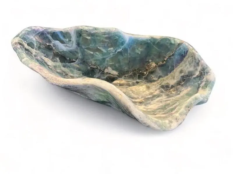 Large Hand-Carved Rainbow Fluorite Bowl – Sculptural Crystal Statement for Modern Interiors