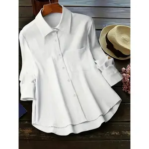 Plus Size Women's Lapel Collar Shirt - Soft Slight Stretch Polyester Fabric, Casual Long Sleeve for Spring & Fall, Solid Color, Woven, No Printing, Sheer-Free