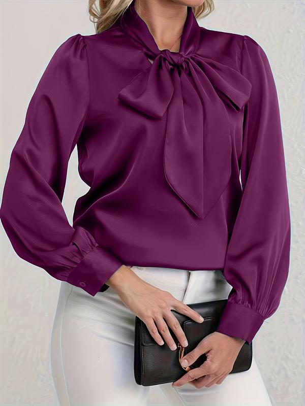 Elegant Satin Blouse with Bow Tie Neck, Fitted Casual Shirt for Work and Dates, Chic Spring & Fall Wardrobe Essential