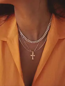 Women's Necklace Set, Copper Chain with Artificial Zircon Cross Pendant, Layered Design Jewelry for Women & Girls, Layered Necklaces