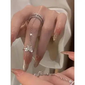 Sparkly Rhinestone Butterfly Design Cuff Ring, Adjustable Finger Joint Ring, Fashion Jewelry Accessories For Women & Girls, Adjustable Rings