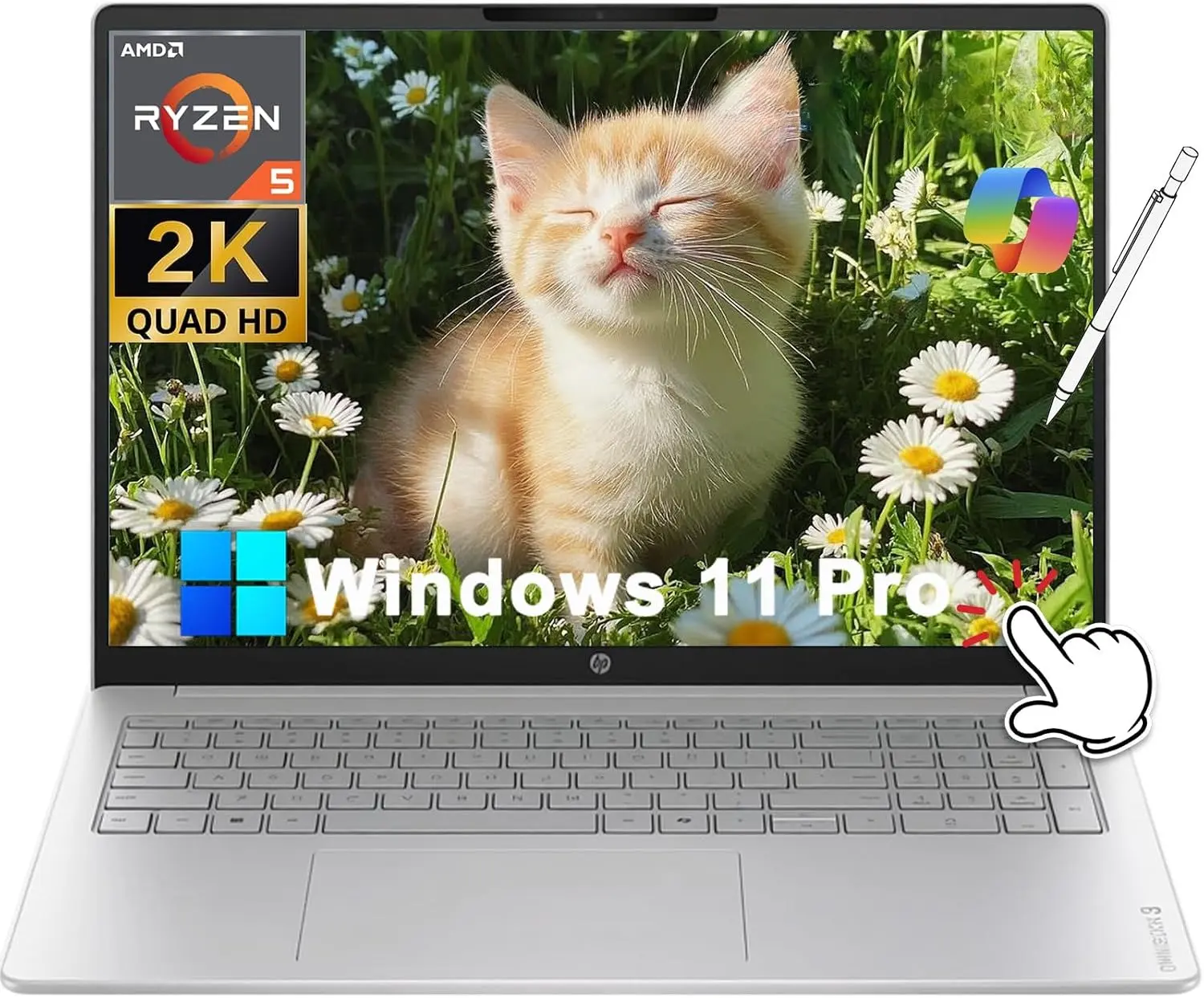 HP OmniBook 3 16” 2K IPS Touchscreen AI Copilot Business Laptop, Windows 11 Pro, AMD Ryzen 5 40, 8GB DDR5 RAM 256GB SSD, Wi-Fi 6, BT 5.4, Numeric Keypad, w/Accessory