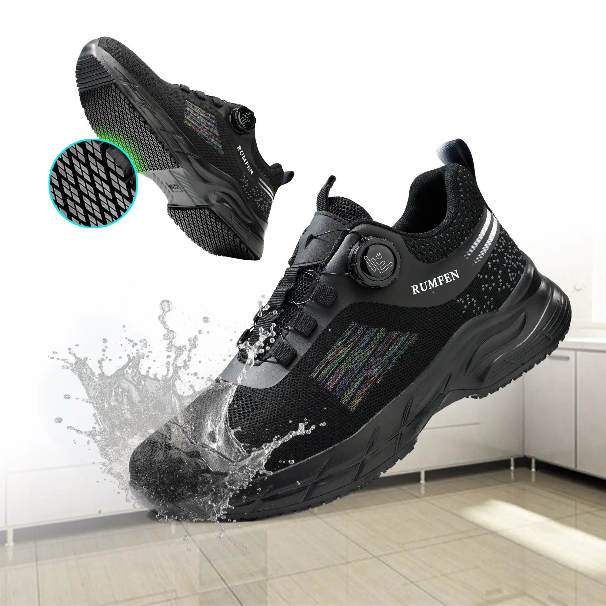 RUMFEN Waterproof Kitchen Shoes with Anti-Fatigue Insoles Easy-Toggle Lacing Lightweight Comfortable for Restaurant Culinary Hospital Workers Slip-Resistant Chef Shoes for Men Women Round Toe Non-Slip Closed Footwear Boy Dry
