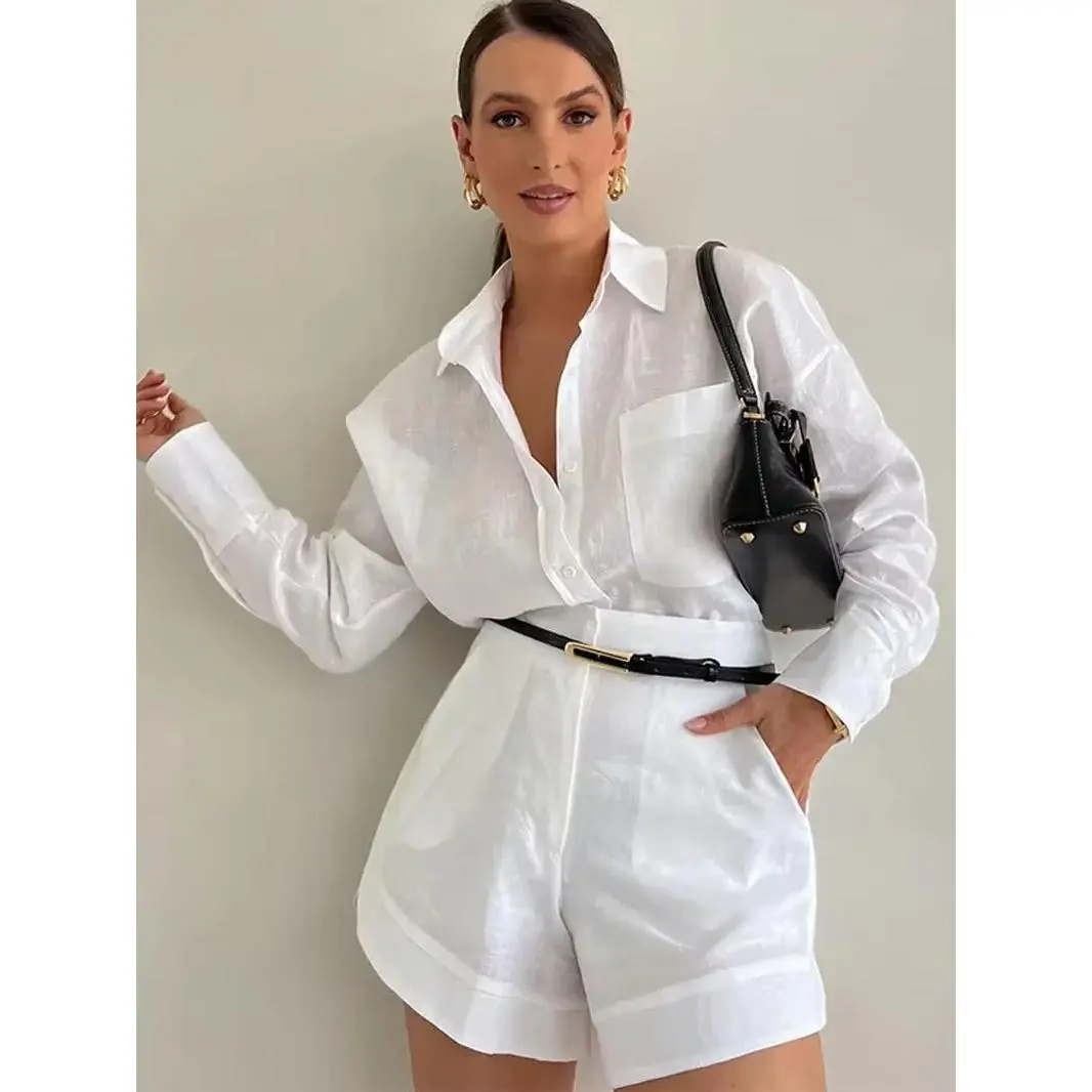 Fashion Women'S Sets Button Pockets Lapel Shirt Short Pant Elegant Long Sleeves 2 Pieces 2024 Vacation Solid Shorts Blouse Sets