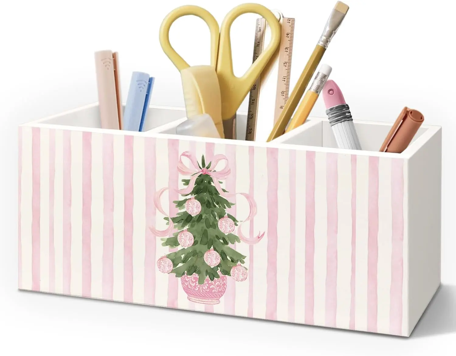Pink Chinoiserie Christmas Pen Pencil Holder for Desk, Grandmillennial Christmas Decor, Preppy Coquette Xmas Tree Decorative Sign for Girls Dorm Apartment Desk Tabletop Decor