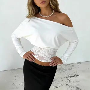 European and American cross-border Amazon's new sexy Spice Girl one-word shoulder bat sleeve lace splicing summer women's top