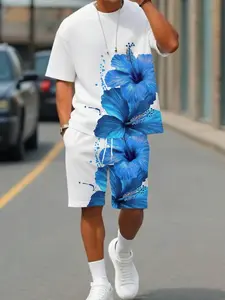 Summer Men's Outdoor Round Neck Short Sleeve T-Shirt and Shorts Set, Floral All over Print, Casual Fitted Style, 2-Piece