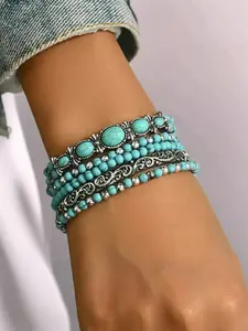 Turquoise Multilayer Bracelet Set, Bohemian Style, 5-Piece Stackable Wrist Cords, Versatile Jewelry, Casual All-Season Accessory