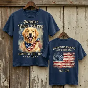 America's Furry Patriot Golden Retriever 4th of July T-Shirt - Front & Back Patriotic American Flag Tee