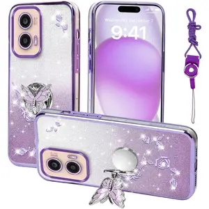 for Motorola Moto G Stylus 5G 2024 Phone Case,for Mobile Phone Case for Women and Girl, Glitter Butterfly Floral TPU Protective Cover with Kickstand+Strap for Moto G Stylus 5G 2024 (Purple)