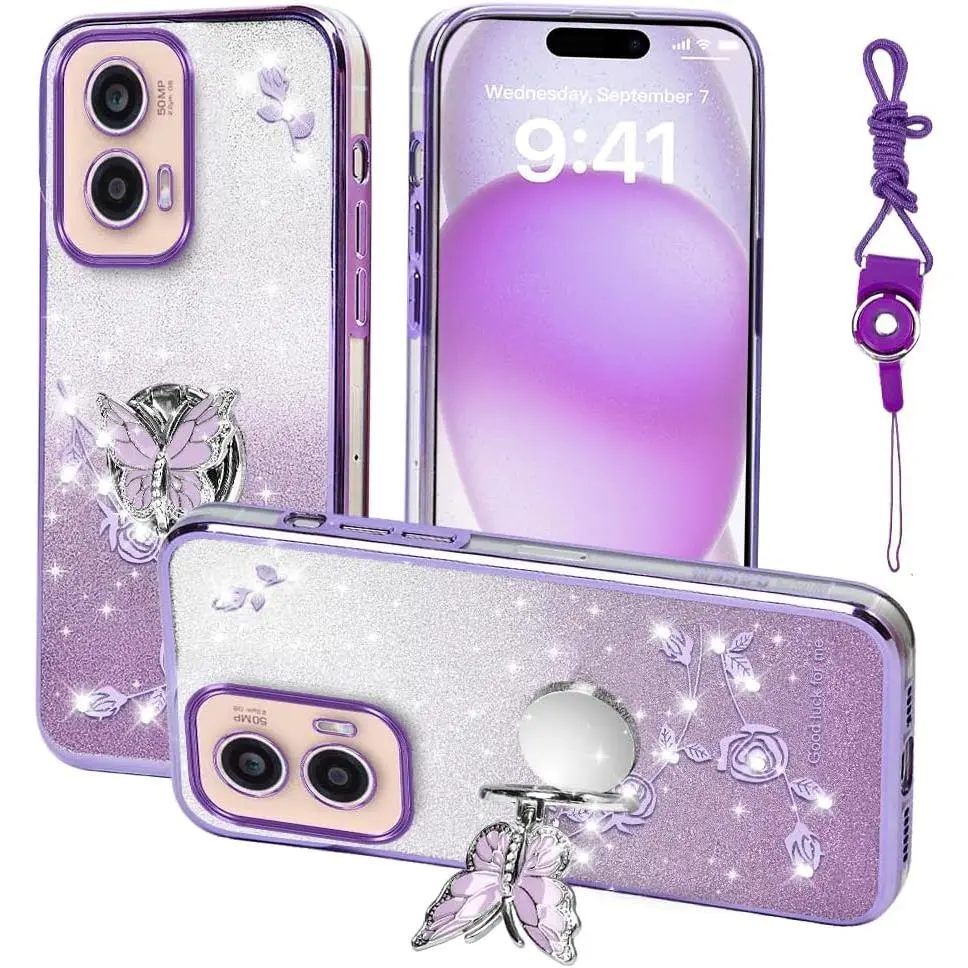 for Motorola Moto G Stylus 5G 2024 Phone Case,for Mobile Phone Case for Women and Girl, Glitter Butterfly Floral TPU Protective Cover with Kickstand+Strap for Moto G Stylus 5G 2024 (Purple)