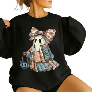 Patchwork Ghost Halloween Sweatshirt – Cute Floral Bow Ghost With Candy Bucket Print , Cozy Fall Pullover For Women , Vintage Halloween Outfit , Soft Fabric , Perfect For Spooky Season Lovers Womenswear Casual Crewneck Tops