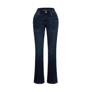Women's Dark Blue Fashionable Shaping Fitted Trouser Bottom Jeans - Leopard Print Pockets, Pocket Fit Jeans, Suitable for Commuting
