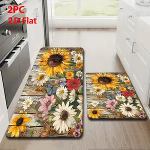 2/3 Piece Flannel Kitchen Mat Set, Vintage Wood Color Sunflower Butterfly Art Design, Non-Slip, Absorbent, Home Decor