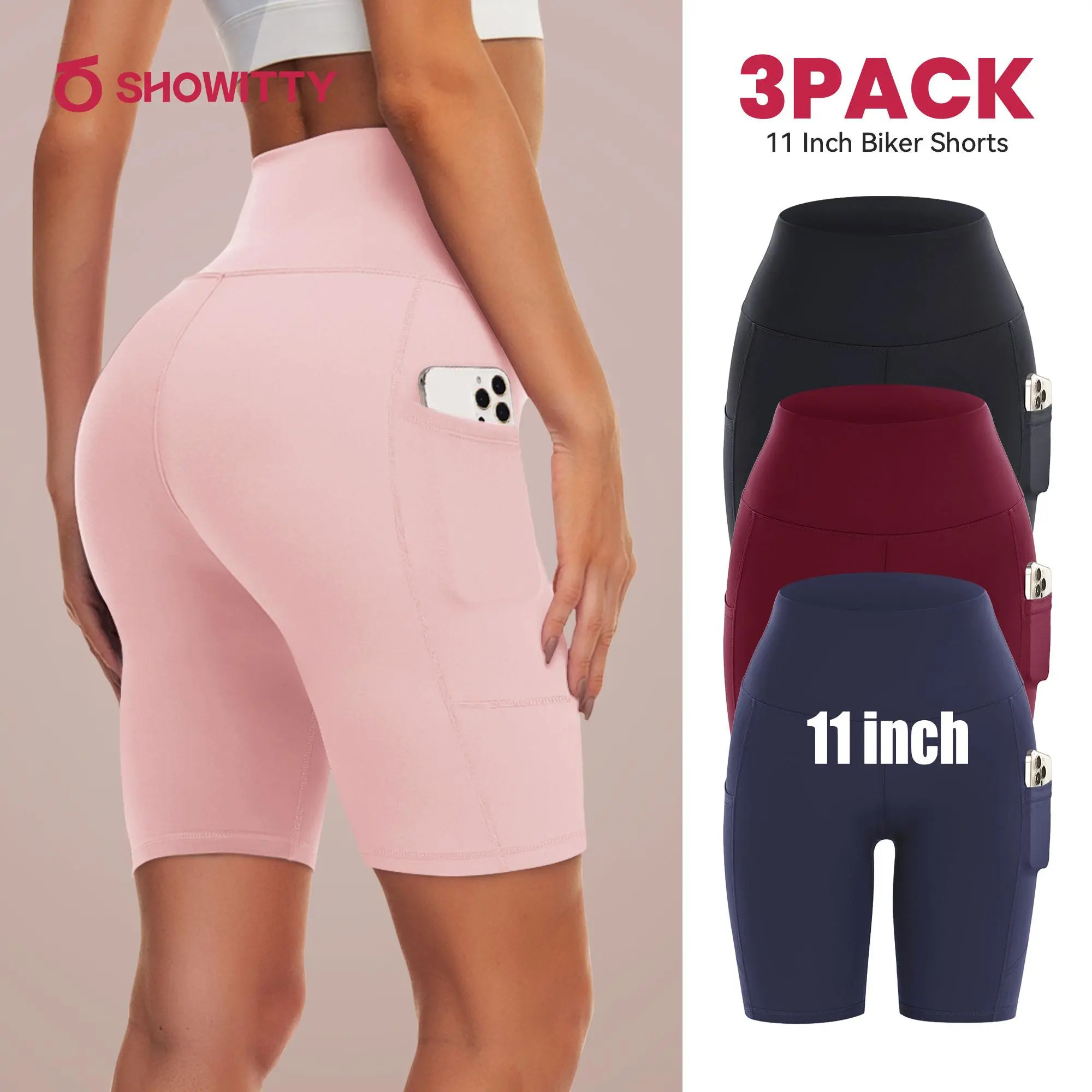 SHOWITTY 3 Pack Women's Biker Shorts with Pockets, Plus Size 11" High Waist Tummy Control Spandex for Gym Yoga Running Summer Clothes