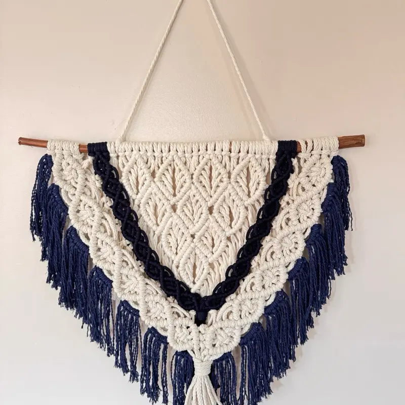 Hangable Macramé Wall Decoration - Home Decor with Navy Blue Fringes, Cream Centerpiece for Stylish Hanging Wall Art