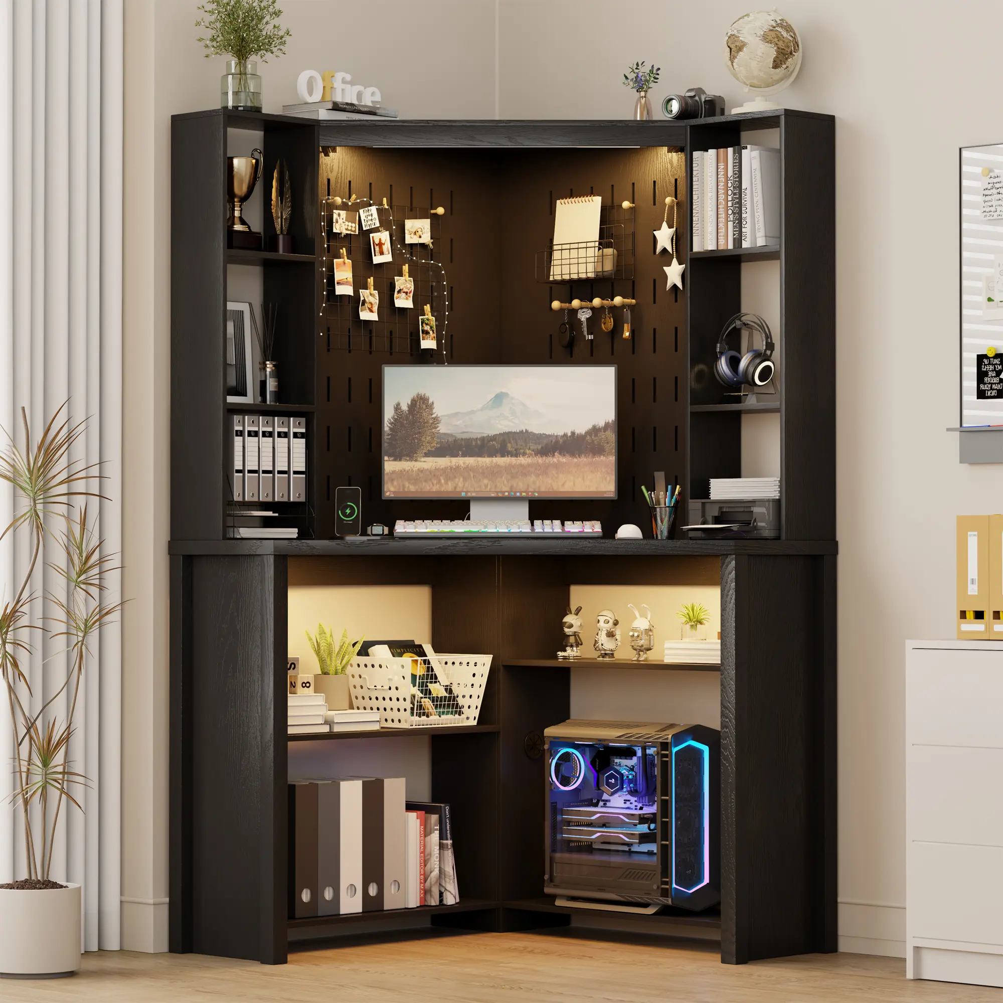 FREDEES Back to School L Shaped Corner Computer Desk with LED Lights, Triangle Study Desk with Hutch & Storage Shelves, Built-in Charging Station, File Cabinet Bookshelf, Aesthetic Dorm Workstation for College Students, Small Space Home Office Study Desk