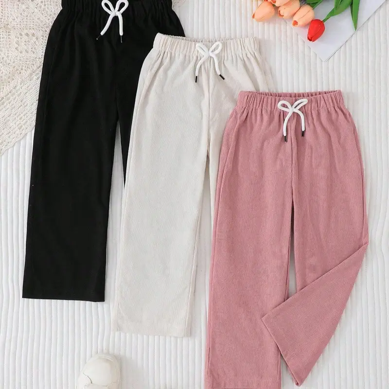 3 Piece Girls Casual Pants Set, Slim-Fit Pants, Elastic Waistband, Stretch Waist Pants, Drawstring Adjustable Fit, Ideal for Outdoor Activities and Daily Wear