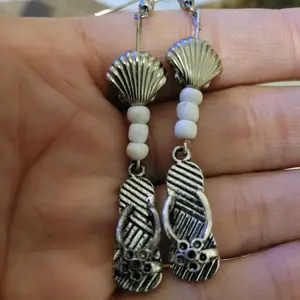 Summer Flip Flop & Seashell Earrings - Silver-Tone Flip Flop Design with White Beads and Seashell Accents