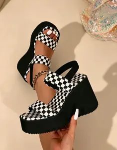 Women's Checked Pattern Platform Sandals,Trendy Stylish Slip-On Wedge Sandals, ChicVersatile Shoes for Dailv Wear