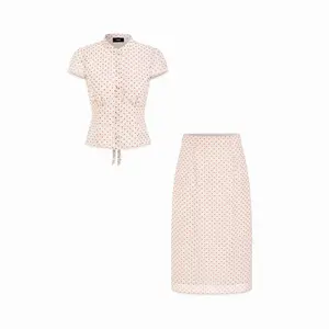 Cider Chiffon Polka Dot Ruched Top & Mid Rise Pencil Midi Skirt Set
