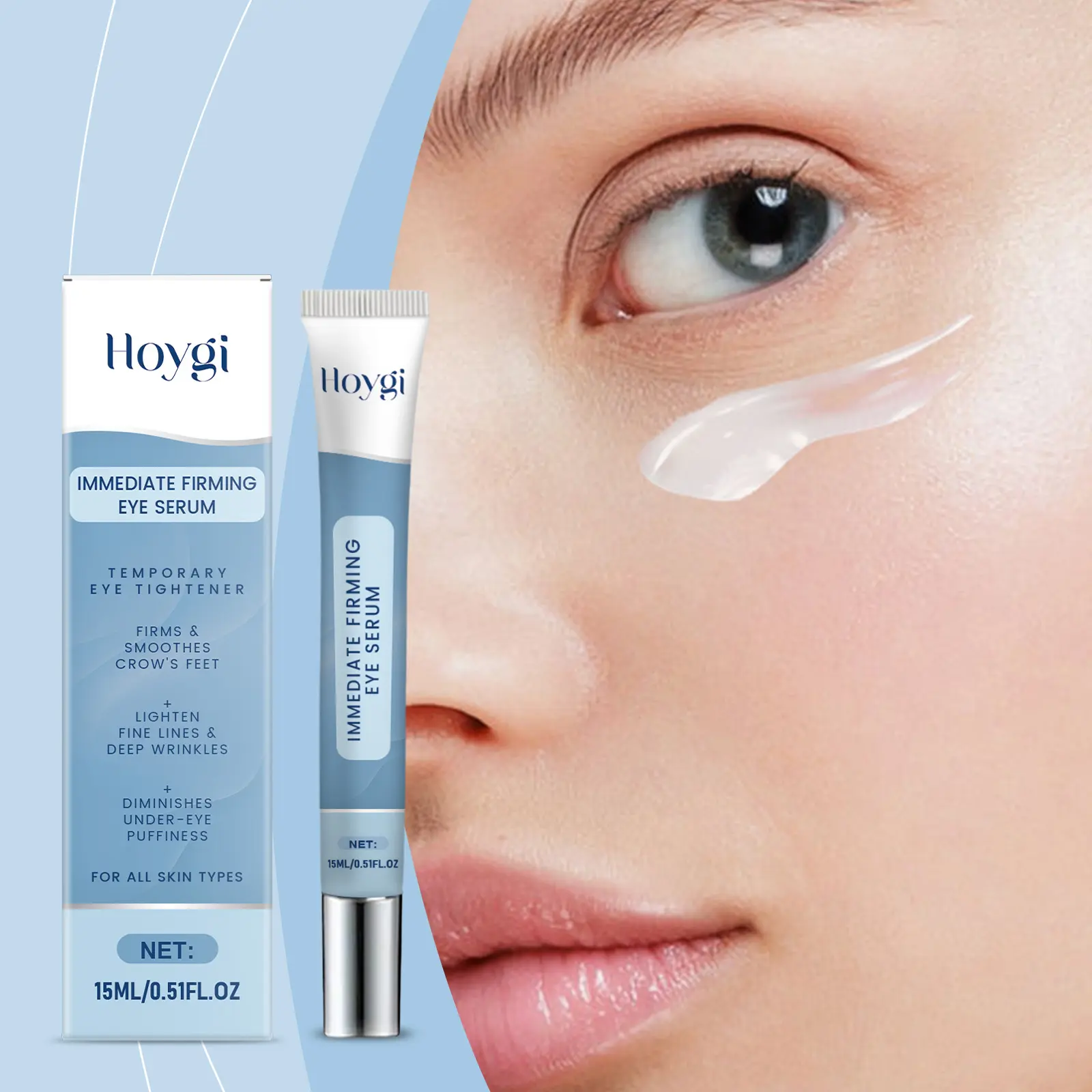 Hoygi Moisturizing eye cream, diminishes dark circles, relieves eye puffiness, smooths fine lines and wrinkles, boosts collagen production, firms and revitalizes the delicate skin around eyes