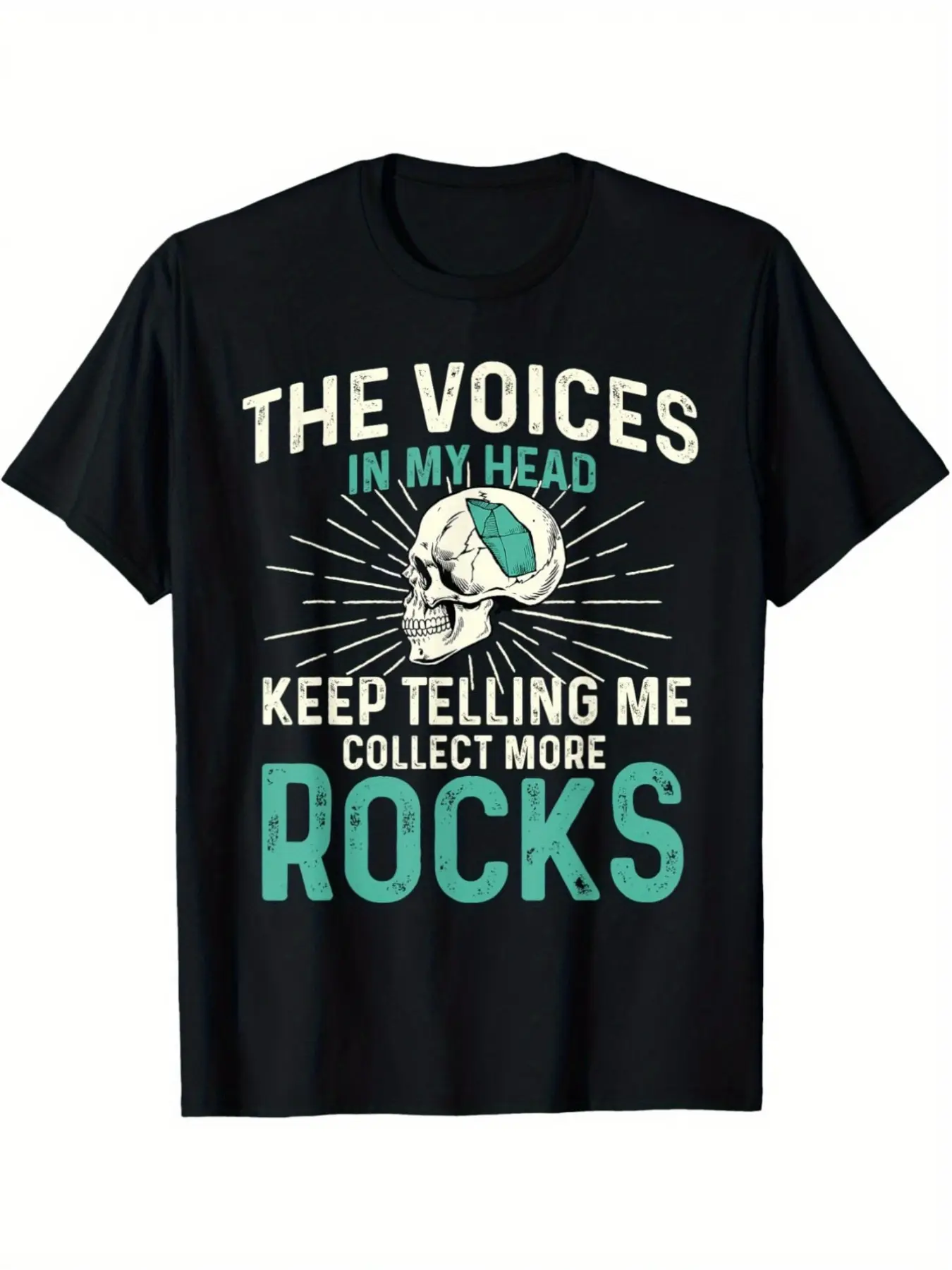 1pc Rock Collector T-Shirt - "The Voices in My Head" Crystal Hunting & Geology Design, Black with Turquoise Mining Slogan,  Casual Crew Neck Short Sleeve Tee for Mineral Prospecting Hobbyists & Gem Seekers