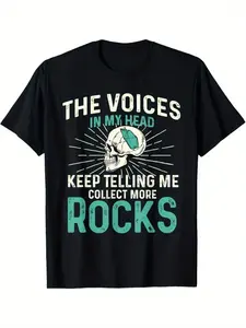 1pc Rock Collector T-Shirt - "The Voices in My Head" Crystal Hunting & Geology Design, Black with Turquoise Mining Slogan, 100% Casual Crew Neck Short Sleeve Tee for Mineral Prospecting Hobbyists & Gem Seekers