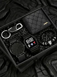 Men's Watch Gift Box Set, Ultra-Thin Quartz Watch, LED Digital Display, Leopard Beaded Bracelet, Luxury Keychain, Leather Wallet