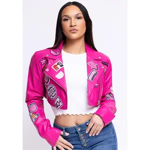 Leather Patch Crop Jacket - Pink, Long Sleeve, Collar, Fashionable Design, Zipper Closure, Chic Womenswear, Polyester Material