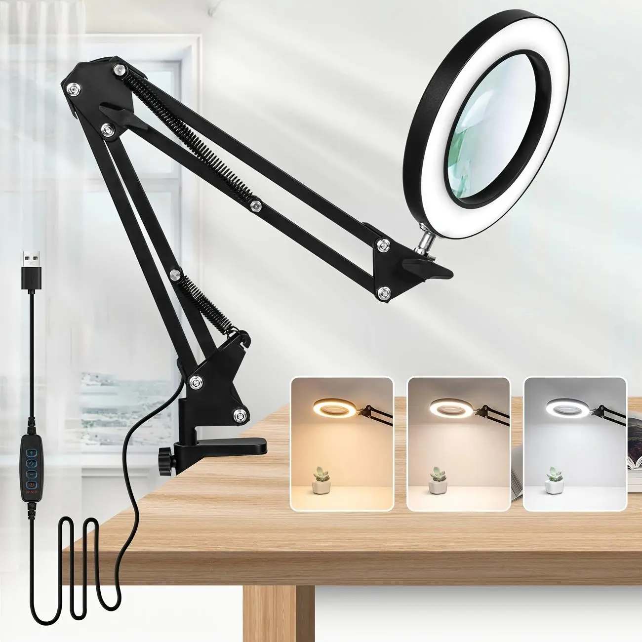 1pc LED Magnifying Glass Desk Lamp - with Adjustable Arm, 5X LED Reading Lamp with Base& Clamp, 3 Color Modes, Dimmable Lighting, USB Powered, Compact Design for Reading, Crafting, Repairs - Battery Not Included (Black)