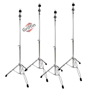 4 PACK - Straight Cymbal Stand Set by GRIFFIN | Double Braced Legs, Slip-Proof Gear Holder & Light-Duty for Mobile Drummers | Percussion Chrome Drum Hardware Kit for Mounting Crash & Splash Cymbals