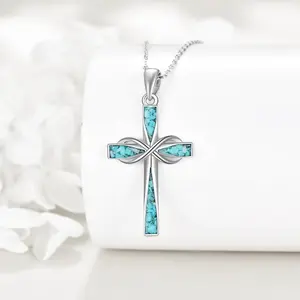 Cross Necklace Sterling Silver Origami Turquoise Cross Pendant Necklace Religious Jewelry Gifts For Women Men