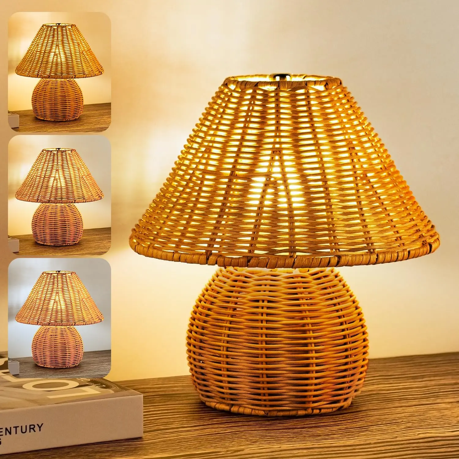 [Summer Finds] Boho Rattan Nightstand Dimmable Table Lamp - Handwoven Bamboo Light with 3-Color Dimming, Wood Base & USB Port for Bedside Table | Cozy Lamp at Home, Stock Up, Summer Vibes