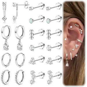 Hypoallergenic Flat Back Earrings 14K Gold Plated Cartilage Earring Sets for Multiple Piercing 20G Surgical Stainless Steel Earrings for Women Trendy Earring Stacks Small Hoop Flatback Stud Earrings