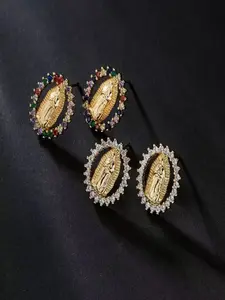 1pair Personality Oval Cubic Zirconia Virgin Mary Stud Earrings, Copper Plated in Gold Color
