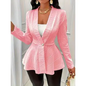 Elegant Textured V-neck Jacket - Beaded Button Long Sleeve Ruffle Hem Outwear for Spring & Fall - Women's Clothing Fabric Spandex Suits Fitted  White