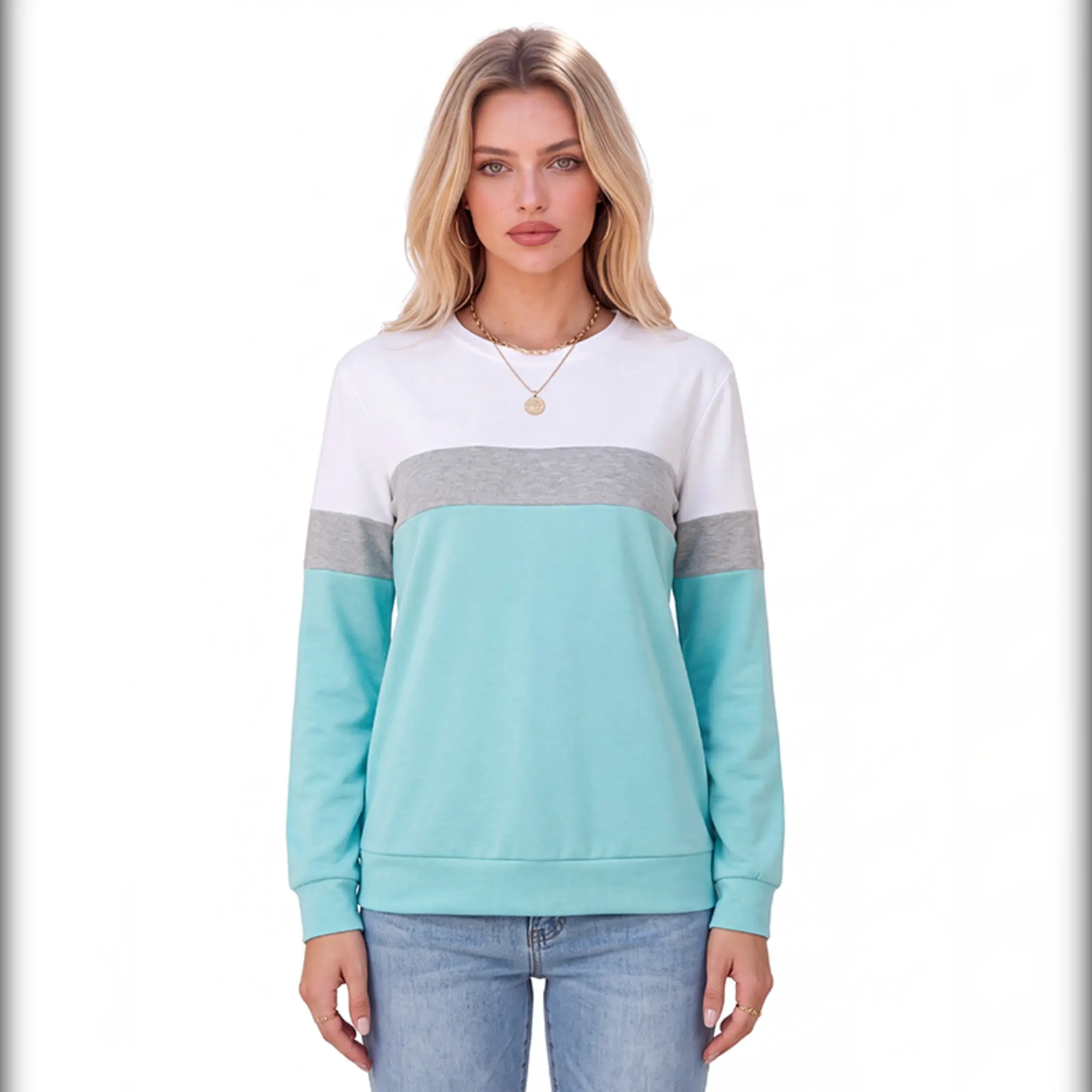 Women's Striped Patchwork Crewneck Top, Long Sleeve Sweatshirt for Daily Dressing and Casual Layering