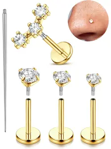 Helix Piercing Jewellery Nose Rings Stud Gold Plated Internally Threaded Flat Back Earrings Steel Hypoallergenic Tragus Conch Piercing Jewellery Labret Lip Nose Ring Cartilage Earrings