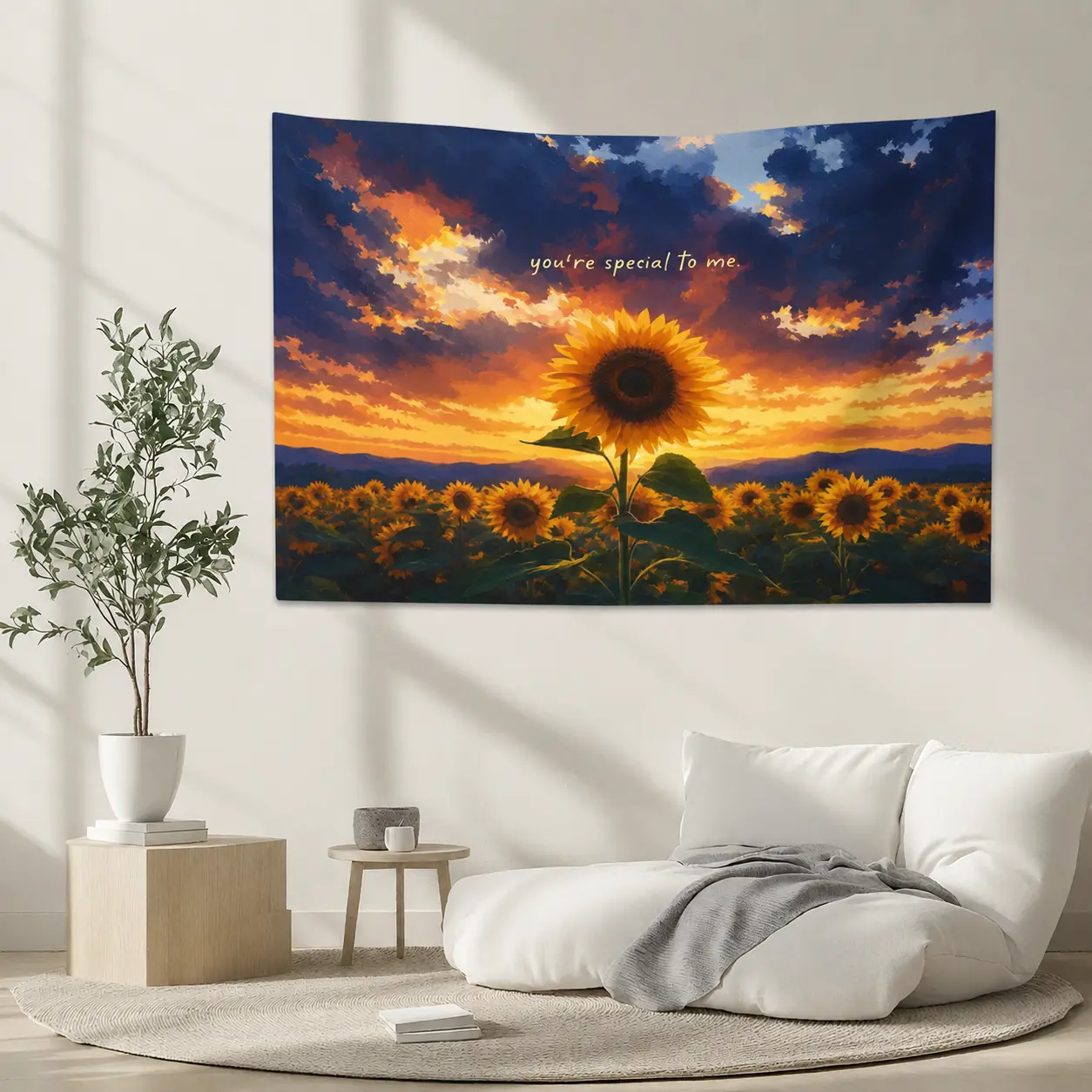 You’re Special to Me Sunflower Tapestry, Colorful Sunset Oil Painting Wall Hanging, Romantic Floral Landscape Wall Decor for Bedroom Living Room Dorm