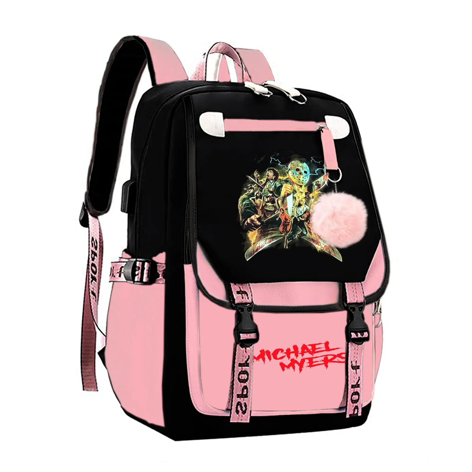 Michael Myers Graphic Backpack for Girls, Y2K Pink and Black School Bookbag with Keychain, Waterproof Travel Laptop Bag for Teens College d-13