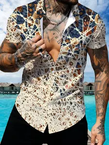 Printed Short Sleeve Shirt, Casual Shirts, Men's Casual Summer Wear, Geometric Pattern Lapel Top, Multi-color Splicing Design, Lightweight Breathable Daily Outfit, Menswear
