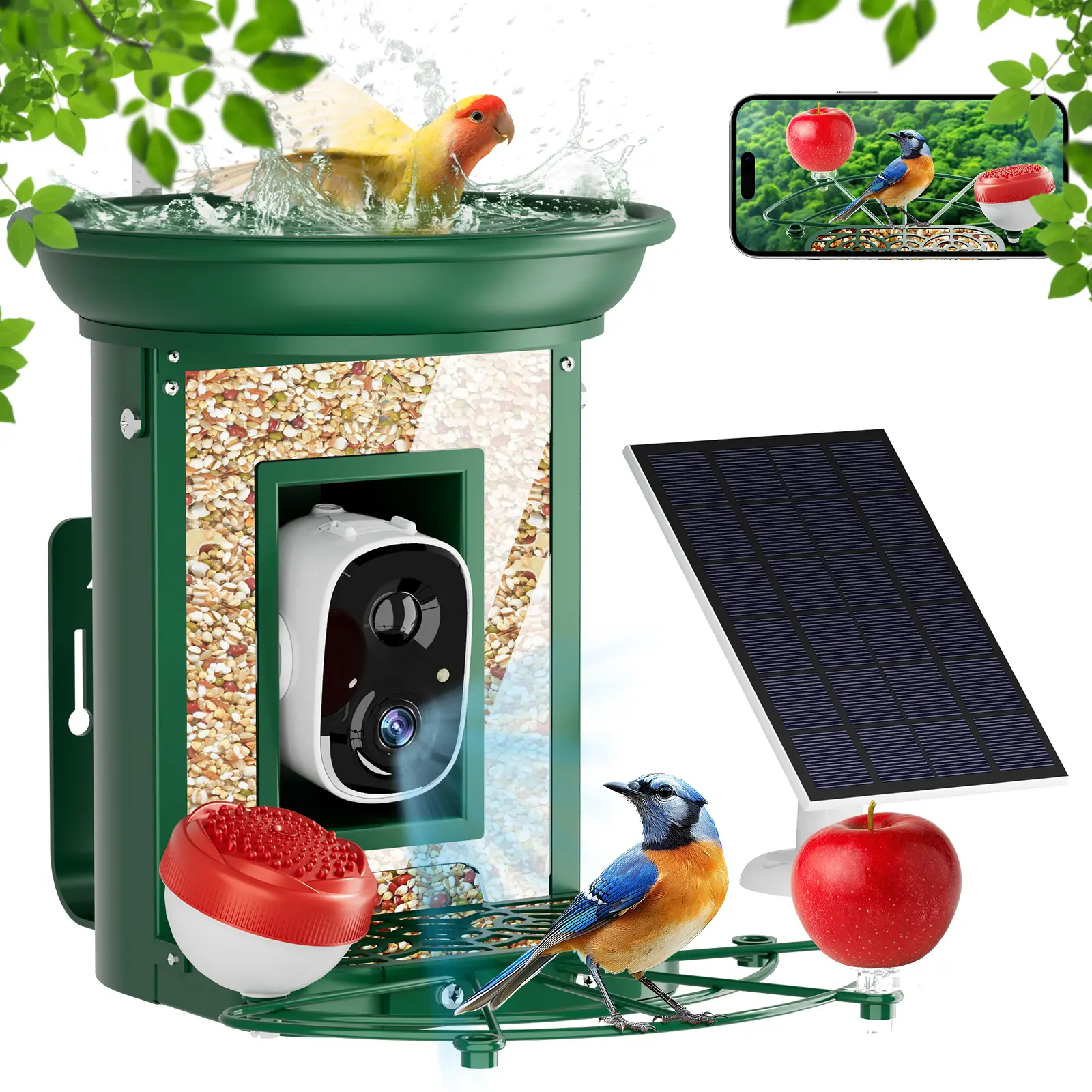Bird Feeder with Camera, 2K Birds Camera with 3-in-1 Feeding, Drinking, and Bathing | AI Identify, Real-Time Monitoring and Alerts | IP65 and Squirrel-Proof for Outdoors, Gift for Bird Lovers