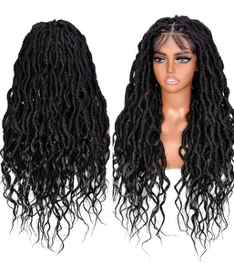 MURAMURA Faux Locs Wigs for Black Women Curly Goddess Faux Locs Crochet Hair Full Lace Braid Wig with Baby Hair Goddess Dreadlock Wig