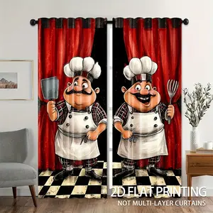 2pcs Chef Kitchen Curtains - Funny Chef Cooking Theme Window Drapes with Red & Black Buffalo Check Plaid Home Decoration Curtain