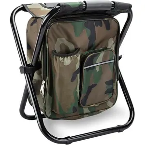 Kikerike Folding Stool Backpack Insulated Cooler Bag, Collapsible Camping Hunting Fishing Multifunction Chair with Front Pocket and Bottle Pocket for Outdoor Events, Hiking, Travel, Beach