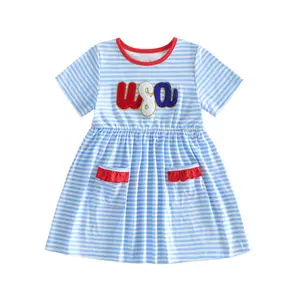 Toddler Baby Little Girls 4th of July Dresses Striped Letter Embroidered Short Sleeve A-line Dress with Pockets 1-6 Years